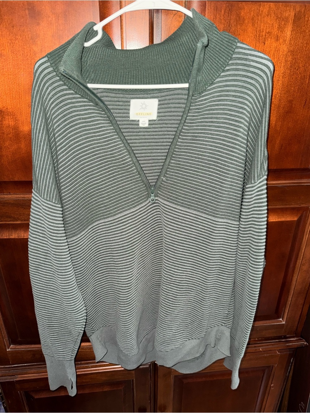 aerie Green Striped Half-Zip Sweater
